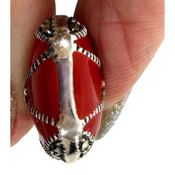 Women’s Pendant Red Enamel Purse Sterling Silver 925 Vintage Marcasite Stones - Picture 4 of 15